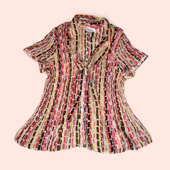 Worthington Tops - Worthington Rectangular Stripe Patterned Button Up Tie Front Blouse